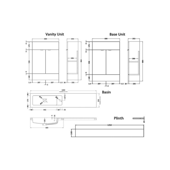 1200 Slimline Cloakroom Bathroom Unit option 2 (colour options)
