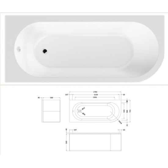 Line Drawing with Dimensions for Left Hand Corner Bath