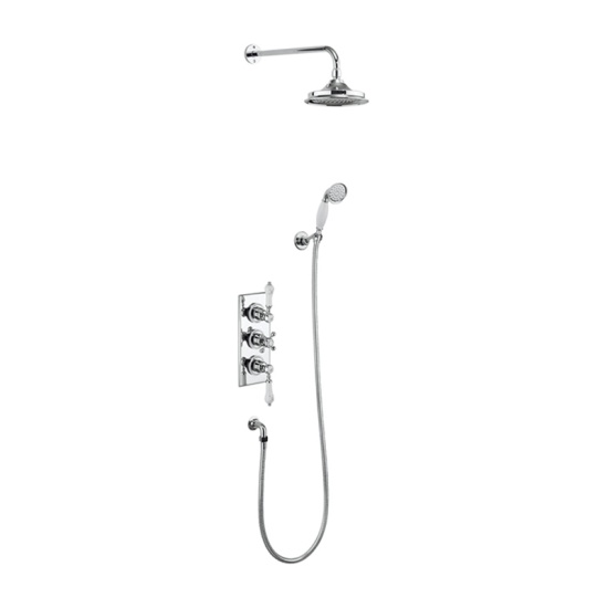 Trent Thermostatic Two Outlet Concealed Shower Valve , Fixed Shower Arm, Handset & Holder with Hose, 6 inch shower head