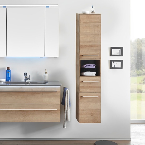 Solitaire 6025 tall bathroom  cupboard 2 doors 1 open shelf 1 drawer