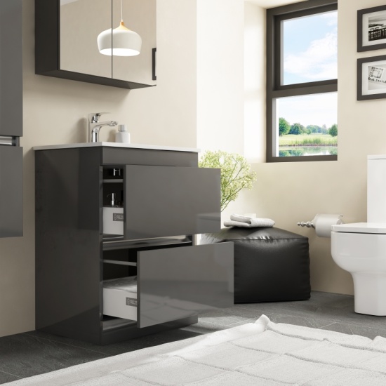 Pemberton 600mm Freestanding Handleless Grey Vanity Unit with Ceramic Basin Extra Product Image For Pemberton 600Mm Freestanding Handleless Grey Vanity Unit With Ceramic Basin 2