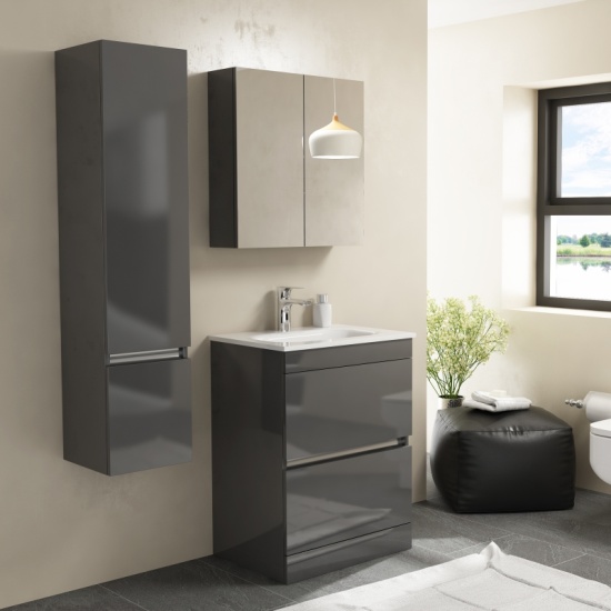 Pemberton 600mm Modern Floorstanding Grey Vanity Unit with Glass Basin - Handleless Design Extra Product Image For Pemberton 600Mm Modern Freestanding Grey Vanity Unit With Stone Basin - Handleless Design 2