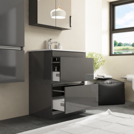Pemberton 600mm Modern Floorstanding Grey Vanity Unit with Glass Basin - Handleless Design Extra Product Image For Pemberton 600Mm Modern Freestanding Grey Vanity Unit With Stone Basin - Handleless Design 3
