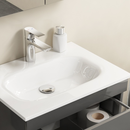 Pemberton 600mm Modern Floorstanding Grey Vanity Unit with Glass Basin - Handleless Design Extra Product Image For Pemberton 600Mm Modern Freestanding Grey Vanity Unit With Stone Basin - Handleless Design 4