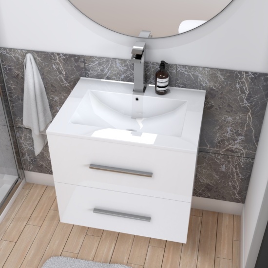 top view of wall hung vanity unit with 2 draws Bathroom furniture wall hung 600mm vanity unit with chrome tap and chrome handles