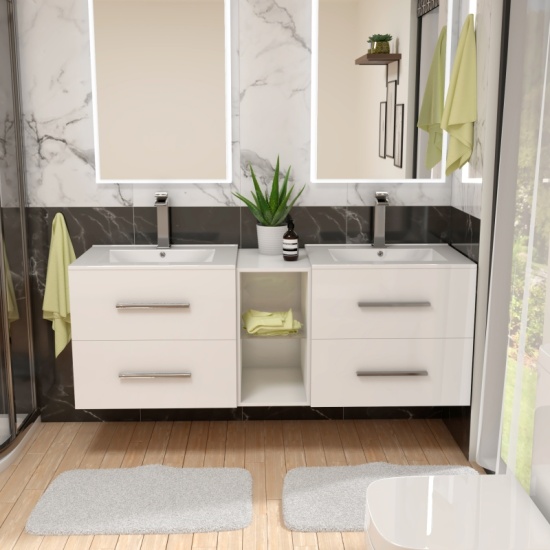 Glass basin with double vanity unit with glass shelf storage and draws. Grey Double Basin Bathroom Furniture with Storage