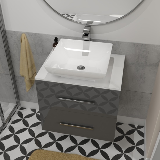Sonix Shower Suite: Grey 600 Wall Hung Countertop Sink Unit, Quadrant Shower & Close Coupled Toilet countertop basin with grey vanity unit