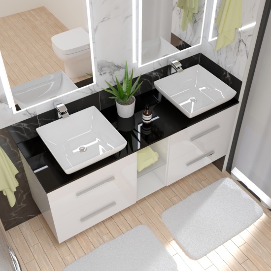 Sonix White Shower Suite Wall Hung 1500 Countertop Basin Twin Vanity Quad Shower Toilet
