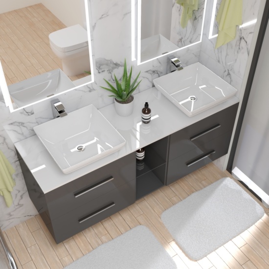 top view of sonix grey his and hers vanity unit counter top double basin with storage and chrome handles