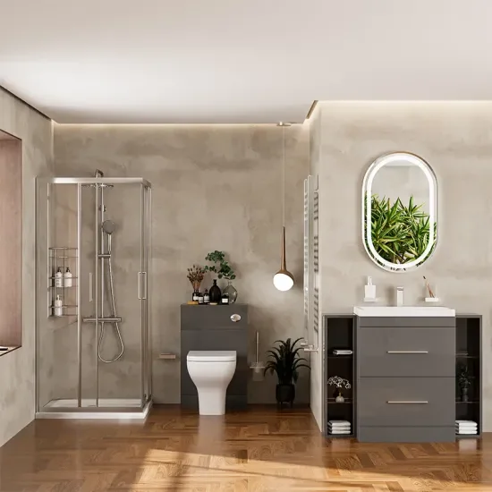 Patello Grey Shower Suite 1000 Vanity Storage Corner Shower BTW Toilet