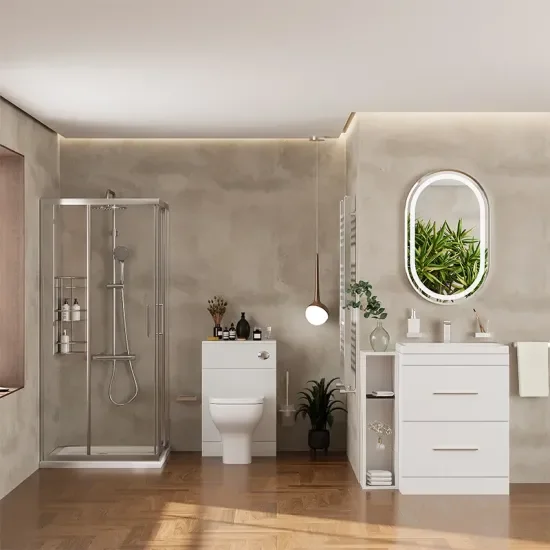Patello White Shower Suite 1400 Vanity Storage Corner Shower Toilet Unit Pan