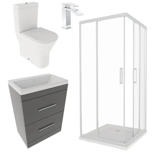 Patello Grey Shower Suite 600 Vanity Corner Shower Close Coupled Toilet Patello Grey Shower Suite 600 Vanity Corner Shower Close Coupled Toilet