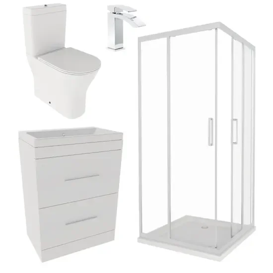 Patello White Shower Suite 600 Vanity Corner Shower Close Coupled Toilet Patello White Shower Suite 600 Vanity Corner Shower Close Coupled Toilet