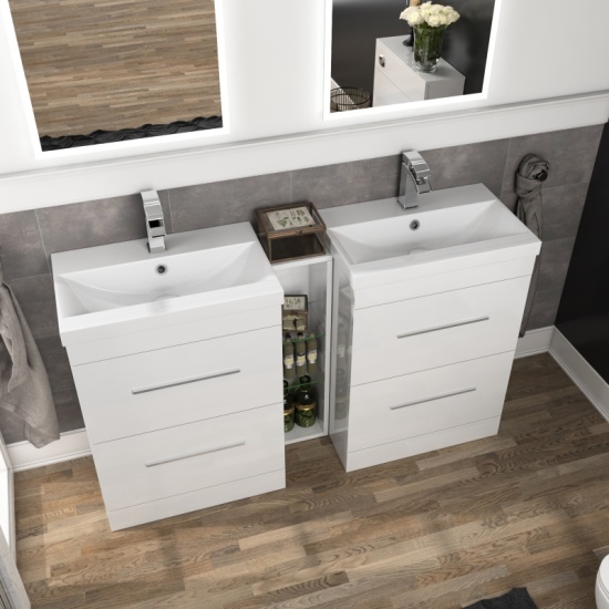 Patello White Shower Suite 1400 Double Vanity Shelves Corner Shower BTW Toilet