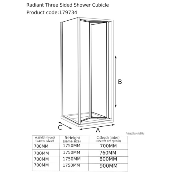 Radiant Reduced Height 3 Sided Shower 700 Bifold Line Drawing Tech Drawing of Radiant Reduced Height One Wall Shower 700 Bifold