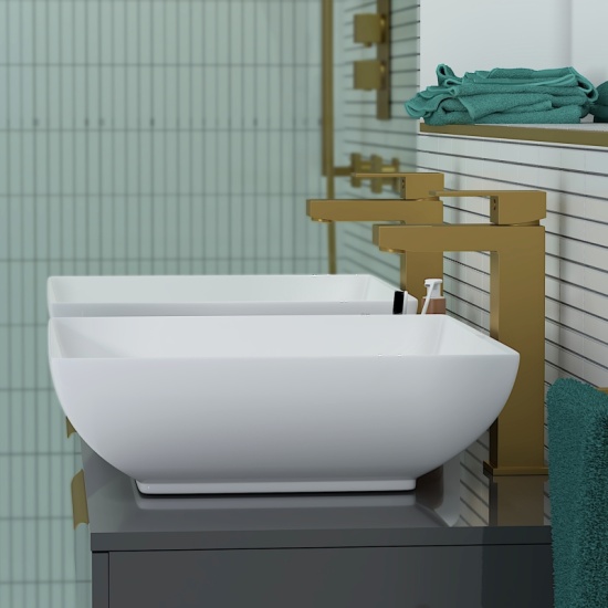 Jivana 1200mm Wall Hung Grey Countertop Vanity Unit Close-up image of Jivana Gold Mono Mixer Basin Tap