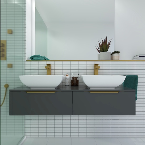 Jivana 1200mm Wall Hung Grey Countertop Vanity Unit Close-up image of Slade Chrome Mono Mixer Basin Tap