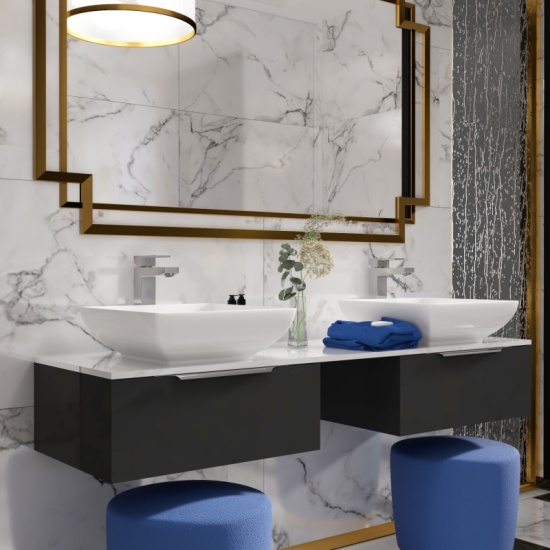 LARGE LUXURY GREY WALL HUNG VANITY UNIT FROM JIVANA WITH A DOUBLE COUNTERTOP BASIN WITH GOLD OR CHROME HANDLES AND AN OPTIONAL TAP AND WASTE LARGE, GREY, VANITY UNIT, DOUBLE COUNTERTOP BASIN, GOLD HANDLES