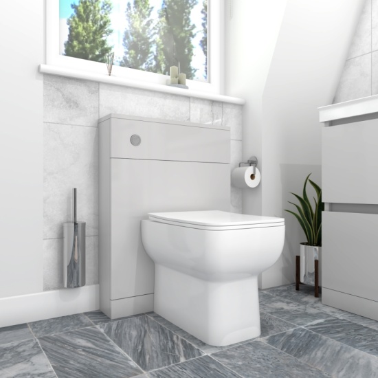 Closed coupled toilet with Grey Back to wall Unit Ashford Back to Wall Toilet in Grey