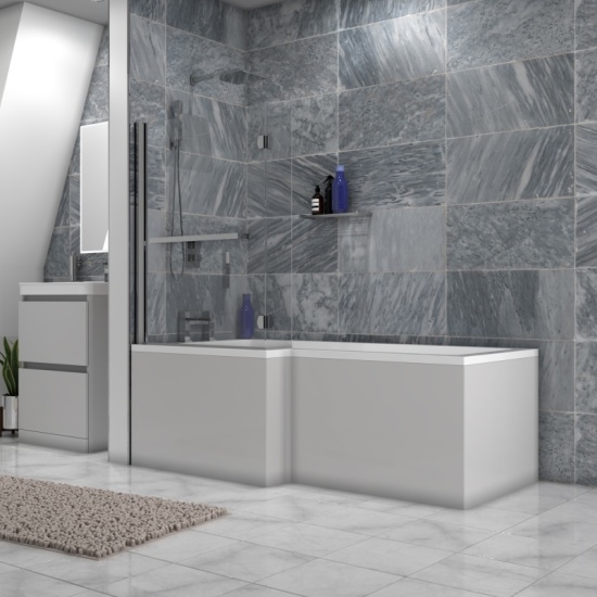 L Shaped Shower Bath with Riser Kit  Large Shower Bath in Grey