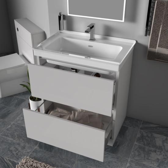 Ashford 800 Light Grey Shower Suite: Vanity Unit, WC Unit & Toilet, 900 Quadrant Shower Large Bathroom Vanity Unit with 2 Draws