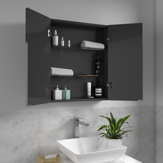 BC Grey Mirror Medicine Cabinet 2 Doors Glass Shelves