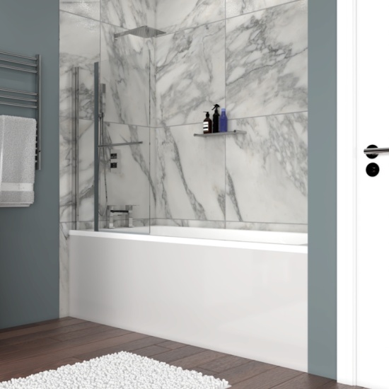 Straight Shower Bath with Glass shower screen Shower Bath with light grey bath panel