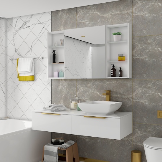 Jivana Straight Bath Suite: White Vanity, Toilet, Standard Bath Jivana Suite Straight Bath 1200 White Basin Unit Wall Hung Toilet