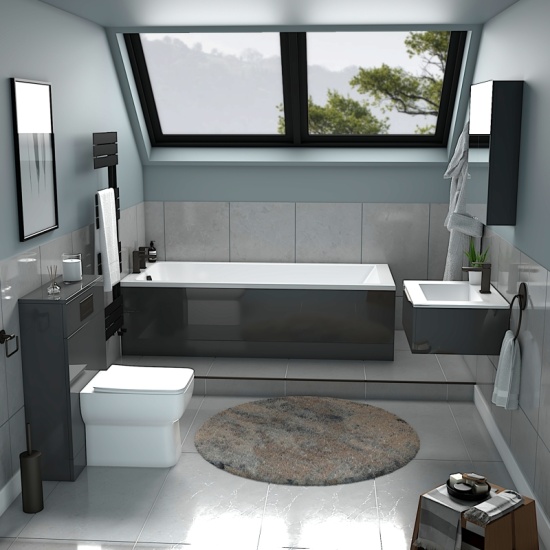 Jivana Straight Bath Suite with 600 Grey Vanity & Toilet Extra Product Image For Jivana Suite Straight Bath Grey Basin Unit Back To Wall Toilet 1