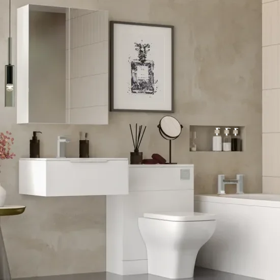 Jivana Suite Straight Bath 600 White Sink Unit Back To Wall Toilet