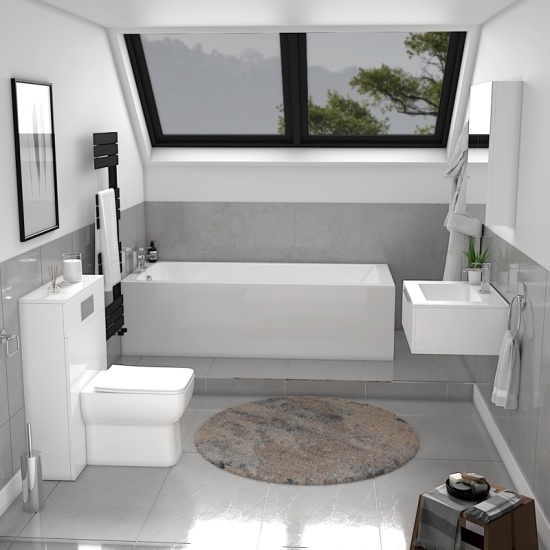 Jivana Straight Bath Suite with 600 White Vanity & Toilet Extra Product Image For Jivana Suite Straight Bath White Sink Unit Back To Wall Toilet 3