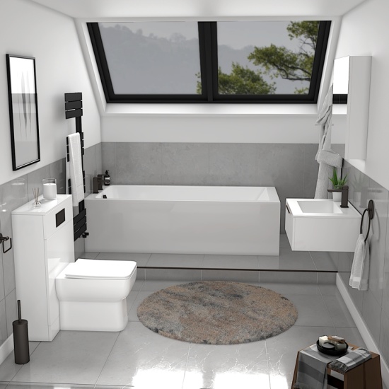 Jivana Straight Bath Suite with 600 White Vanity & Toilet Extra Product Image For Jivana Suite Straight Bath White Sink Unit Back To Wall Toilet 4