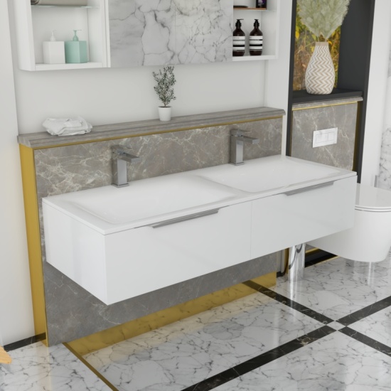 Jivana Suite Large Bath 1200 Twin Sink White Vanity Wall Hung Toilet