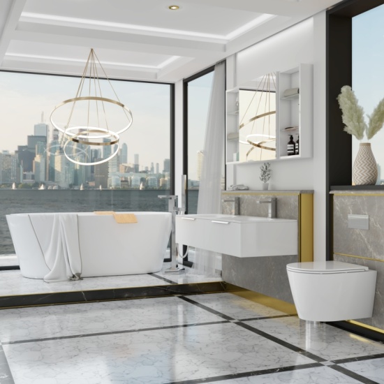 Jivana Freestanding Bath Suite with 1200 White Vanity & Toilet Extra Product Image For Jivana Suite Large Bath Twin Sink White Vanity Wall Hung Toilet 1