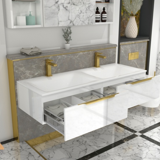 Jivana Freestanding Bath Suite with 1200 White Vanity & Toilet Jivana Suite Large Bath 1200 Twin Sink White Vanity Wall Hung Toilet