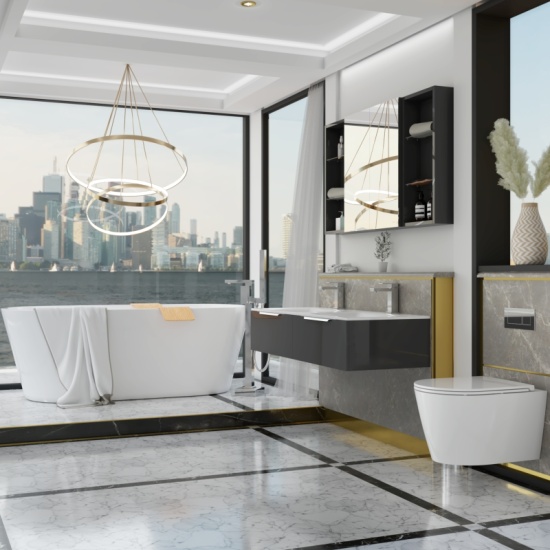 Jivana Freestanding Bath Suite with 1200 Grey Vanity & Toilet Extra Product Image For Jivana Suite Freestanding Bath Double Grey Vanity Wall Hung Toilet 2