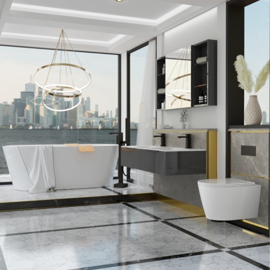Jivana Freestanding Bath Suite with 1200 Grey Vanity & Toilet Extra Product Image For Jivana Suite Freestanding Bath Double Grey Vanity Wall Hung Toilet 3