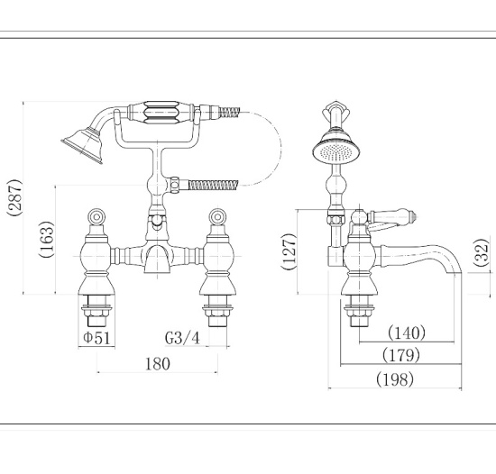 Technical line drawing showing dimensions of Clarice Traditional Bath Shower Mixer Tap with Shower Kit. Lever Handle