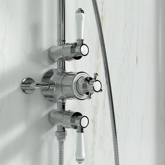 Wye Traditional Round Exposed Thermostatic Shower with Riser, Fixed Head and Hand Shower Wye Traditional Shower Rail Kit