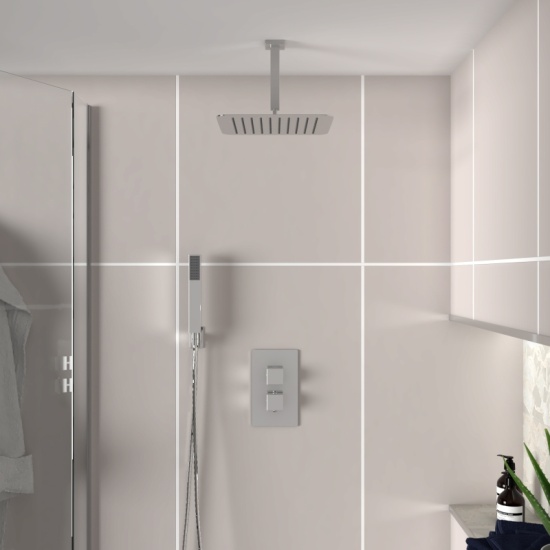 Ribble 2 outlet ceiling mounted with concealed handset and 2 outlet valve ribble squared 2 outlet shower head with handset and valve