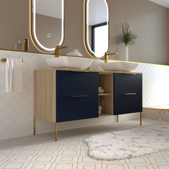 Alani 1500 Navy Blue Double Vanity Unit with Shelves