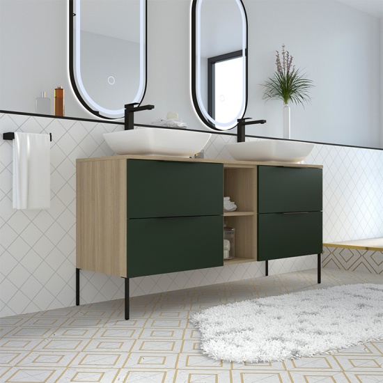 Alani 1500 Green Double Vanity Unit with Shelves Alani 1500 Green Double Vanity Unit with Shelves