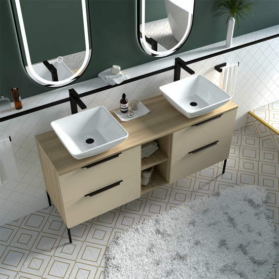 Alani 1500 Sand Sand Double Vanity Unit with Shelves Alani 1500 Sand Sand Double Vanity Unit with Shelves