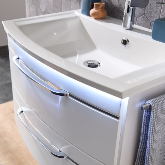 Pelipal Series 7045 Vanity Unit 700mm Close-up showing Basin and Top Drawer Handle in Chrome for 7045 Pelipal Vanity Unit