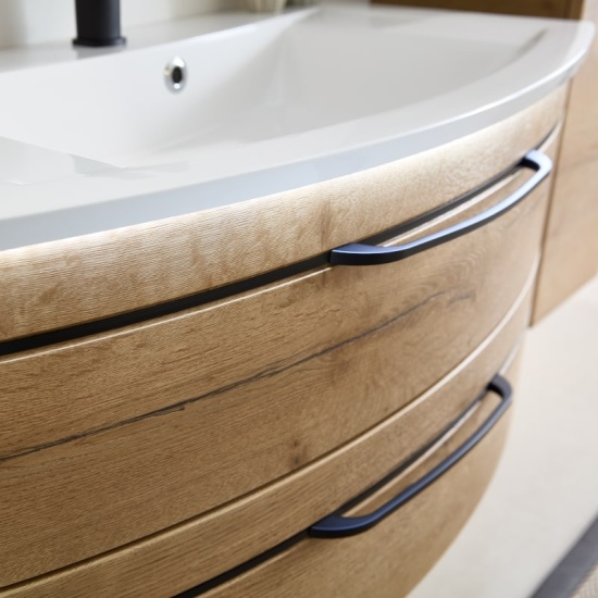 Pelipal Series 7045 Vanity Unit 900mm Close up of Black Handles and Basin for 7045 Vanity Unit