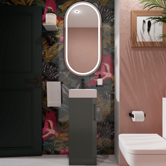 Celeste Linear Cloakroom Suite: 325 Green Vanity Unit and Close Coupled Toilet Celeste Linear 325 Green Small Suite