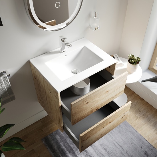 Akron Oak 600 Vanity White Sink Unit