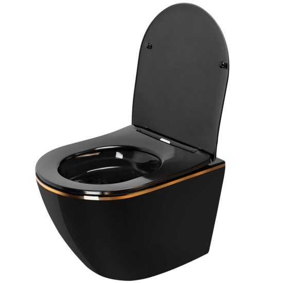 Bodine Rimless Black Wall Hung Toilet with Gold Edge Bodine Rimless Black Wall Hung Toilet with Gold Edge