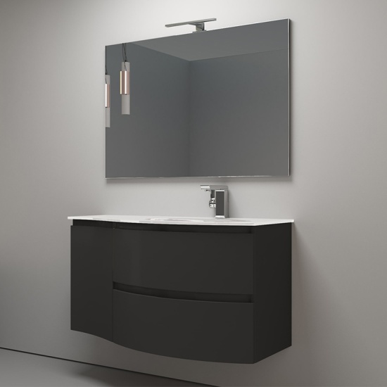Angled Lifestyle Image of Graphite Curved Baden Haus Vanity Unit with Mirror