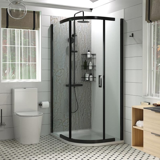 Alani Black Shower Suite: 1200 Oak Vanity Unit with Black Basin Alani black offset shower suite1